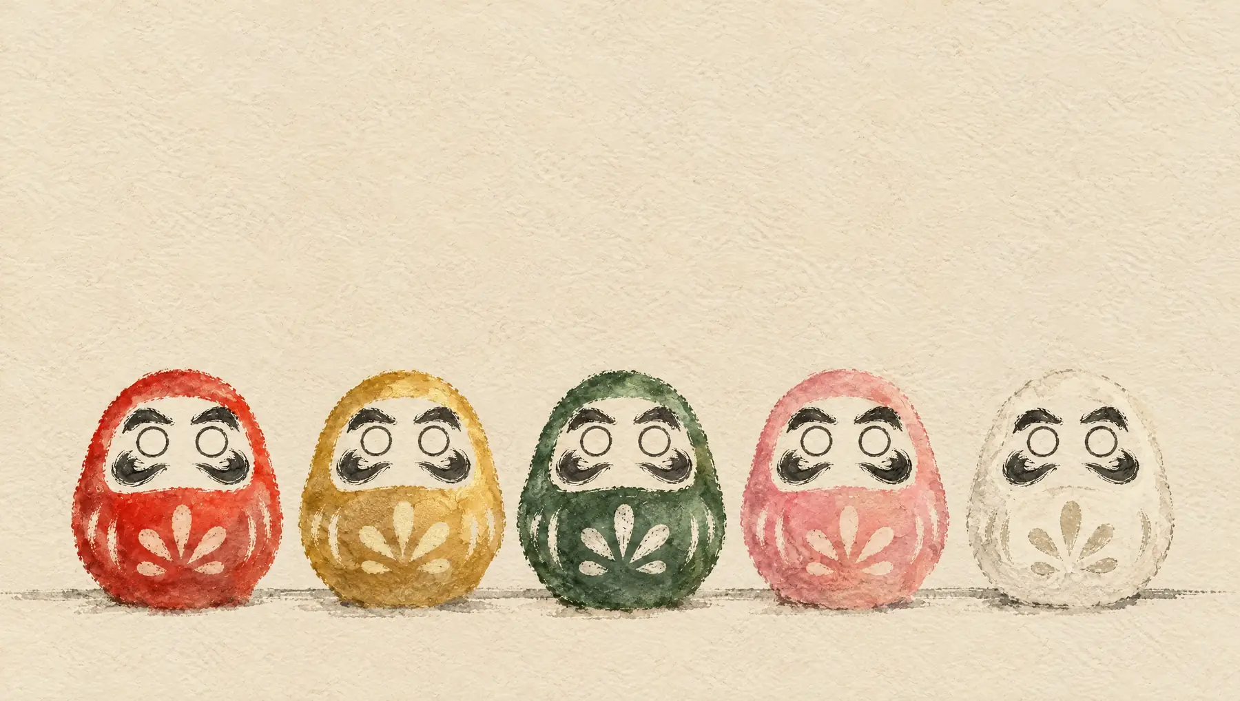 Five Daruma dolls painted in ink and watercolor in a row, in red, gold, green, pink and white, each with blank white eyes.