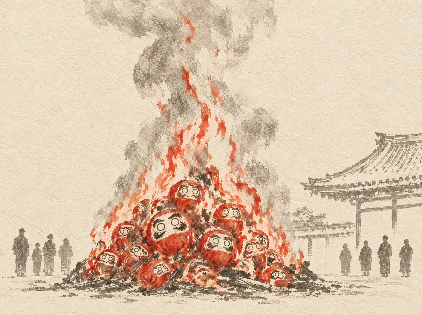 A pile of old red Daruma dolls burning in a temple bonfire, painted in ink with vermilion flames, a temple roof behind.