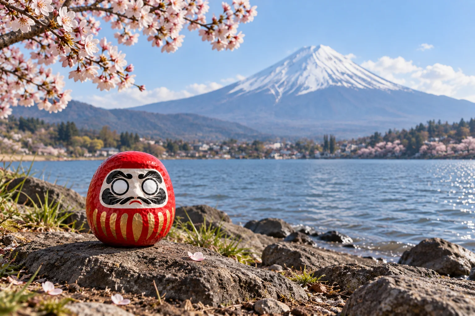 A red Daruma with blank eyes on a rock by a lake, with cherry blossom above and snow-capped Mount Fuji across the water.