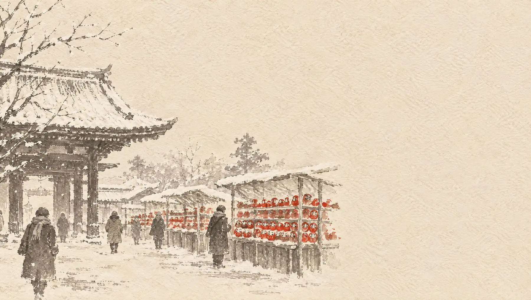 Rows of small red Daruma dolls on market stalls by a temple gate, painted in ink with vermilion.