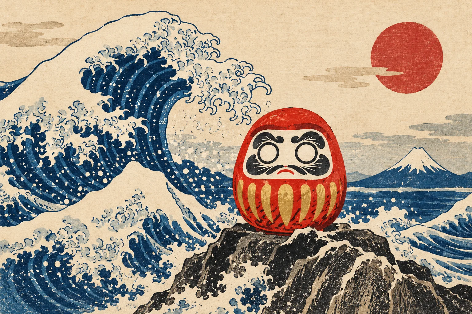 A woodblock-style print of a red Daruma standing on a rock as a huge wave curls behind it, with a red sun and Mount Fuji in the distance.